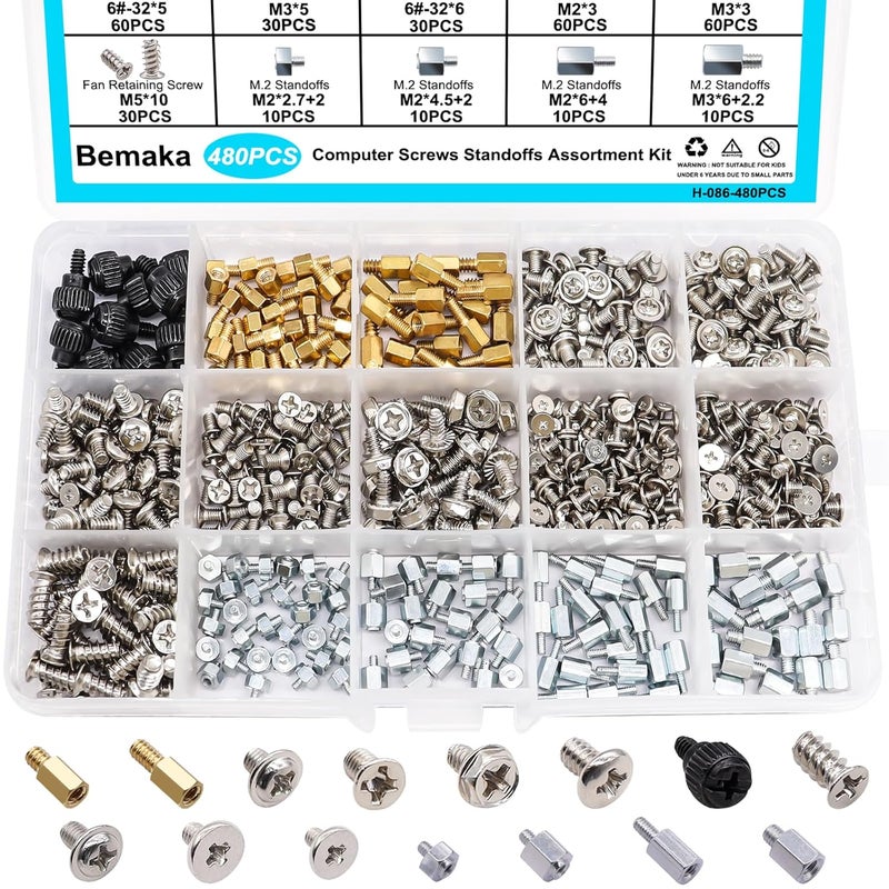 Bemaka 480PCS M.2 Screws Motherboard Standoffs Kit, NVMe Screws M.2 SSD Mounting Screws for Motherboard, SSD, HDD Hard Drive, PC Fan, PC Case - Image 1